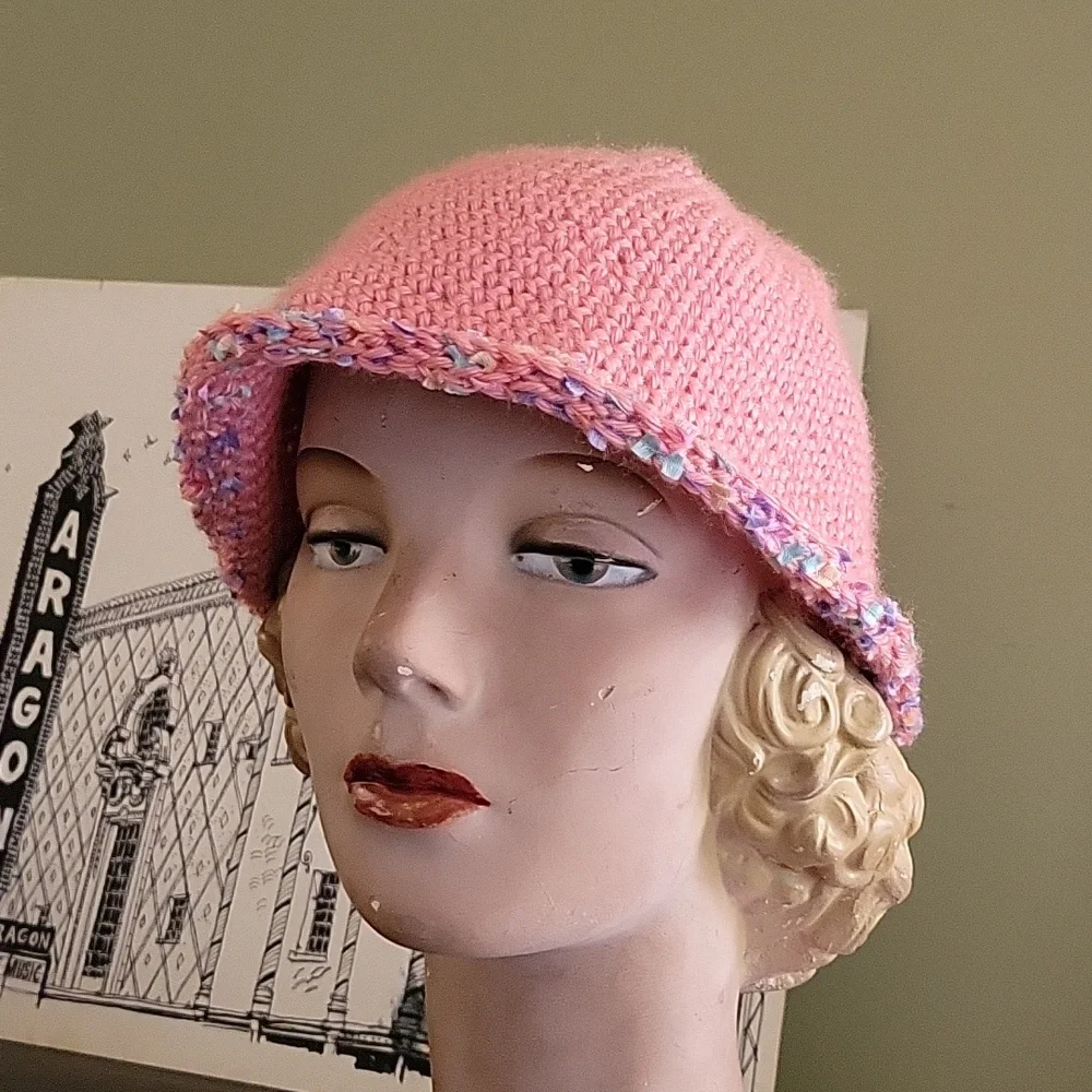 Hand crochet hat with brim. Womans pink multi-colored eyelash year trim